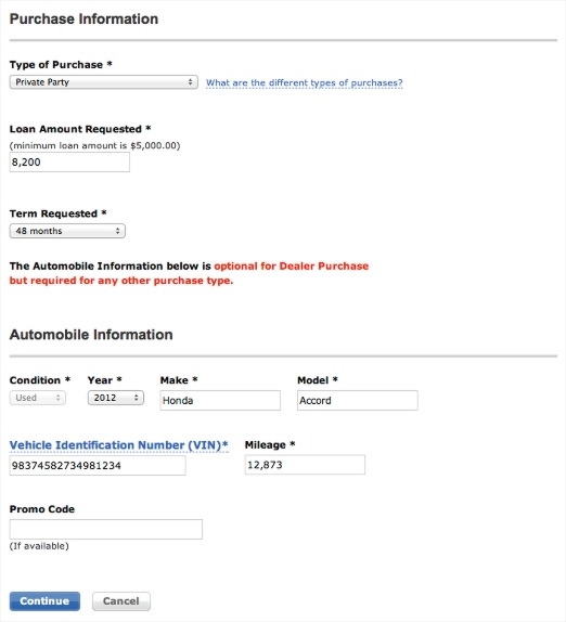 Legacy Bank of America auto-loan form using red warning text and disabled controls to explain which vehicle information is required.