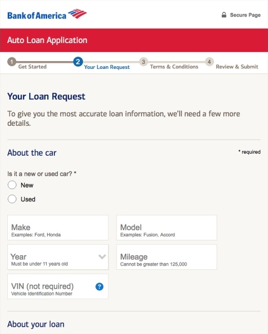Redesigned Your Loan Request screen showing vehicle fields relevant to the customer’s selected auto-loan scenario.