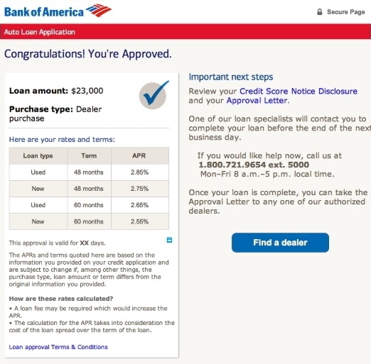 Bank of America auto-loan approval screen showing the approved amount, available rates and terms, and next-step actions.