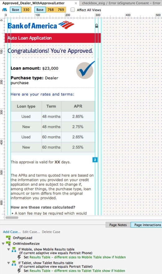 Axure Adaptive Views prototype of the approval experience with responsive breakpoints and conditional interaction logic visible around the screen.
