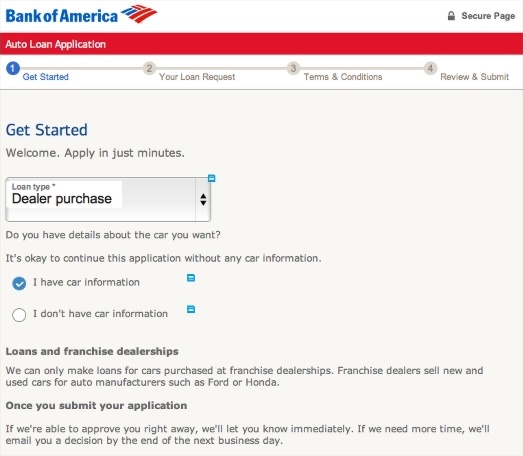 Redesigned Get Started screen asking customers to choose a loan type and whether they have vehicle information before continuing.