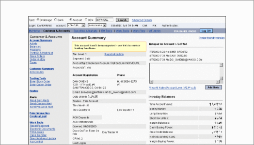 Production E*TRADE Customer Summary interface showing unified navigation, account details, notes, balances, and service tools.