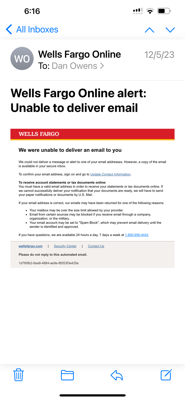 Original alert email shown on a phone, with dense small text and desktop-oriented formatting.