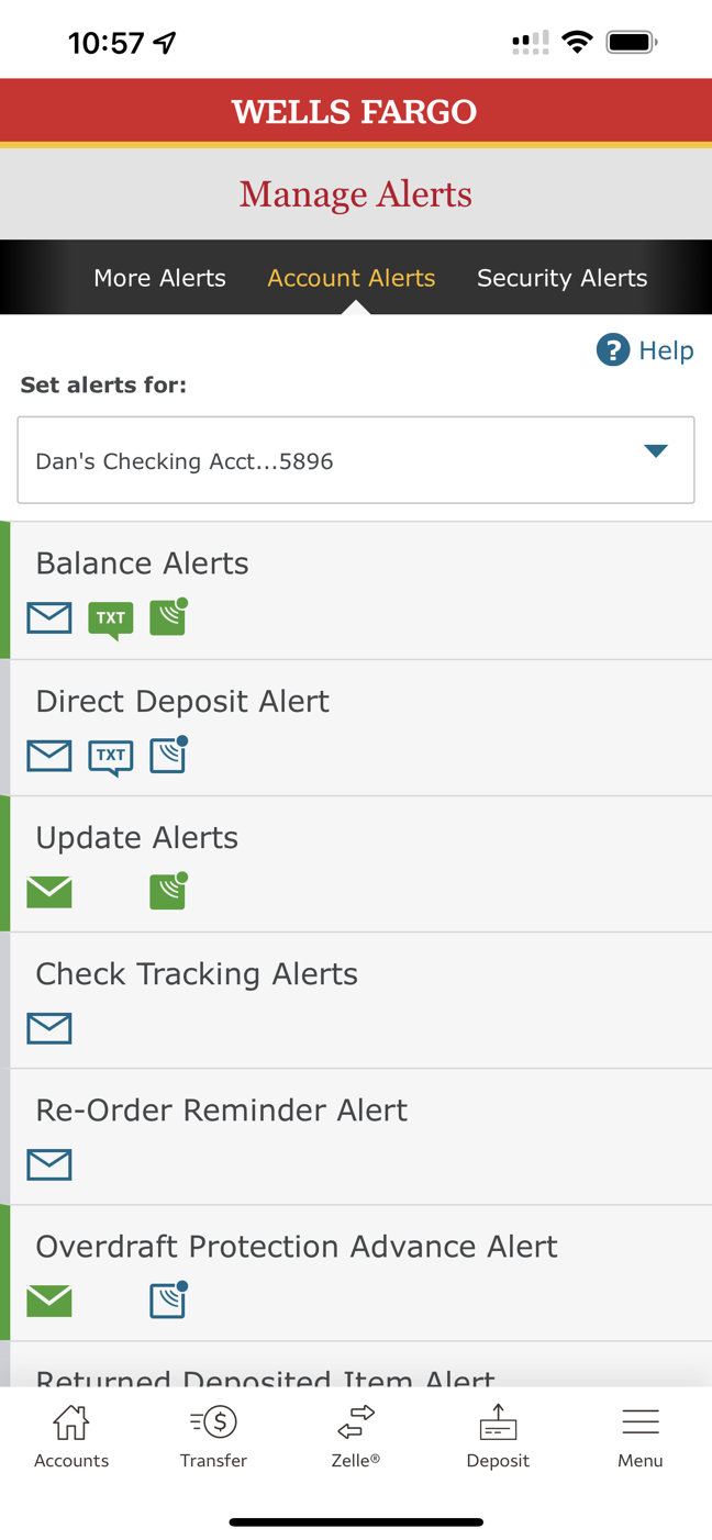 Original Manage Alerts screen with nested tabs and delivery-channel icons.