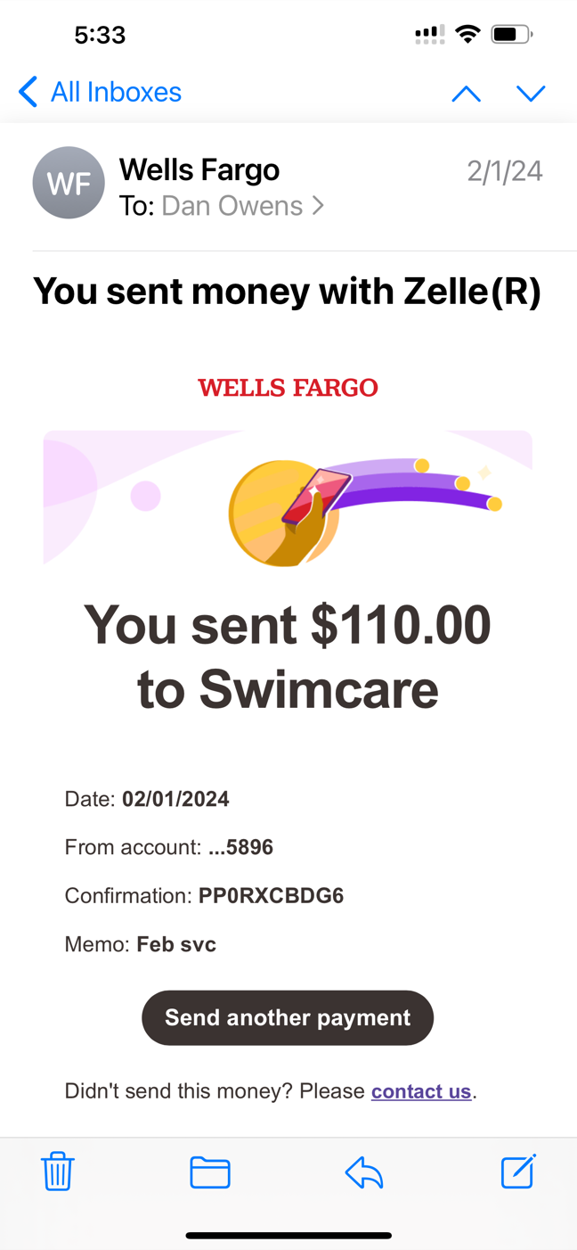 Redesigned Zelle confirmation email with illustration, prominent payment summary, details, and a Send another payment button.