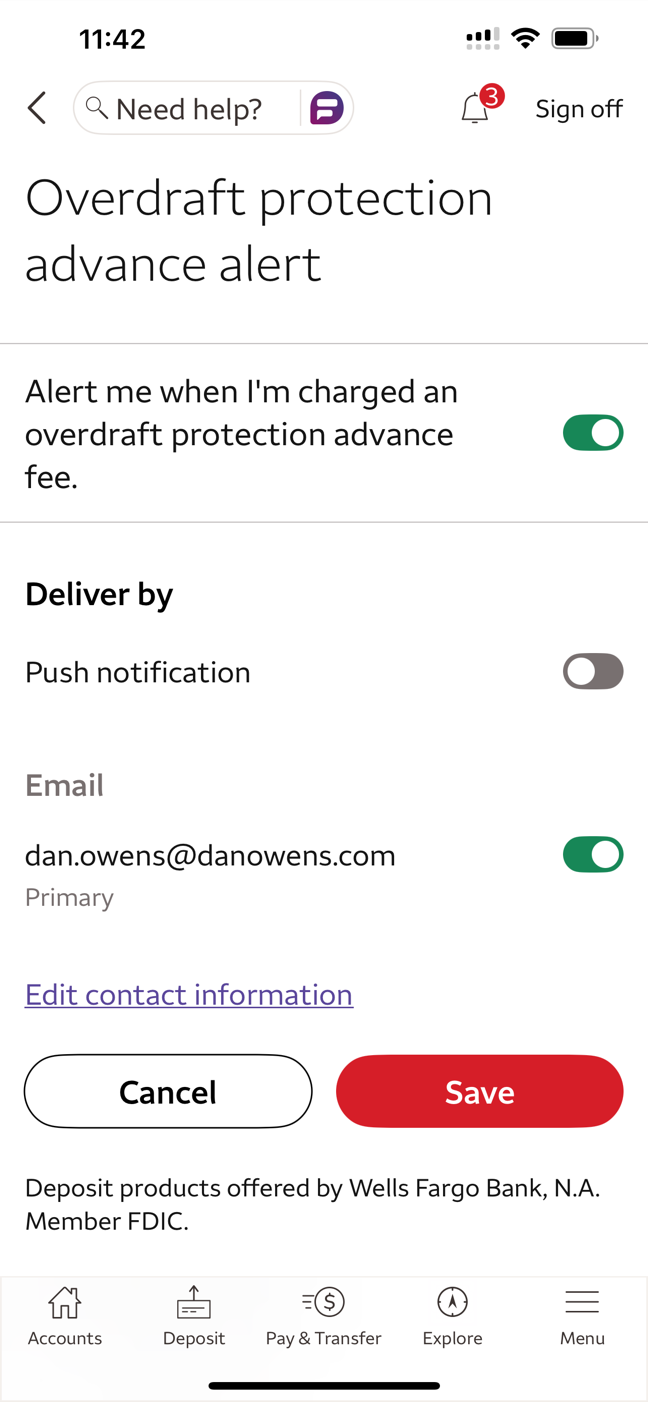 Overdraft protection alert using an on/off control and visible delivery options.