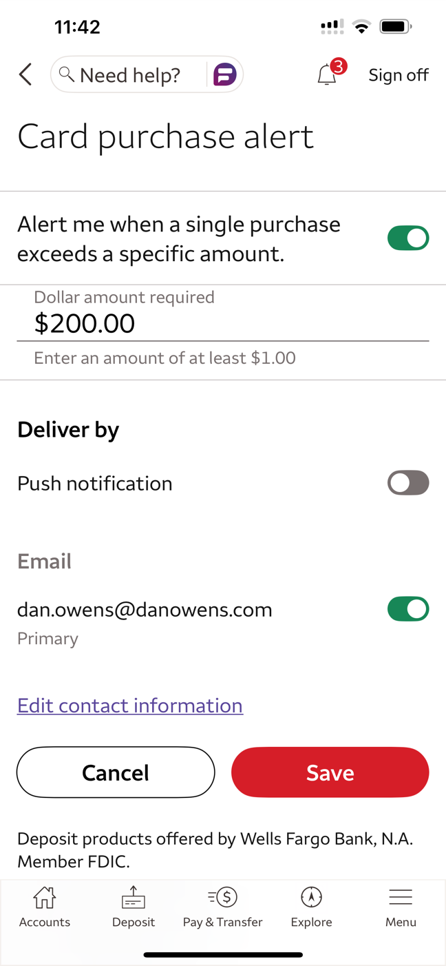 Card purchase alert adding an amount threshold and individual delivery-channel switches.