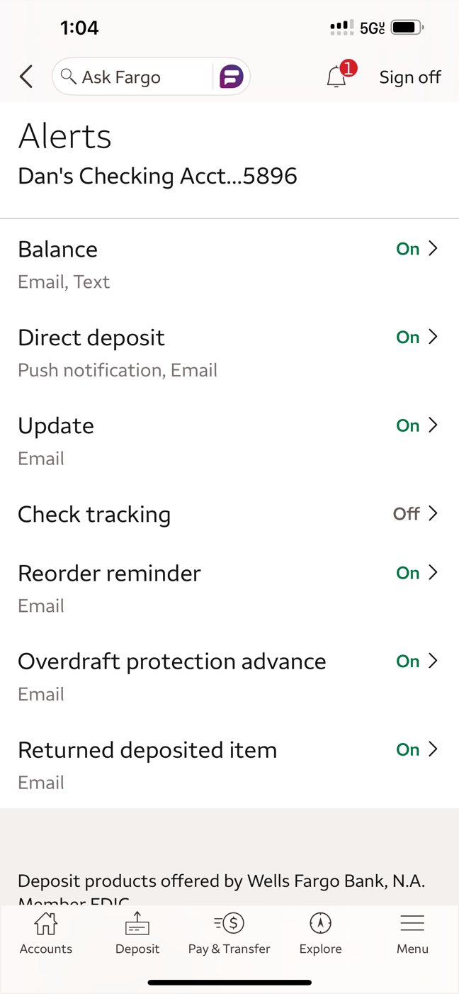 Checking-account alerts with subscription status and delivery channels visible in each row.