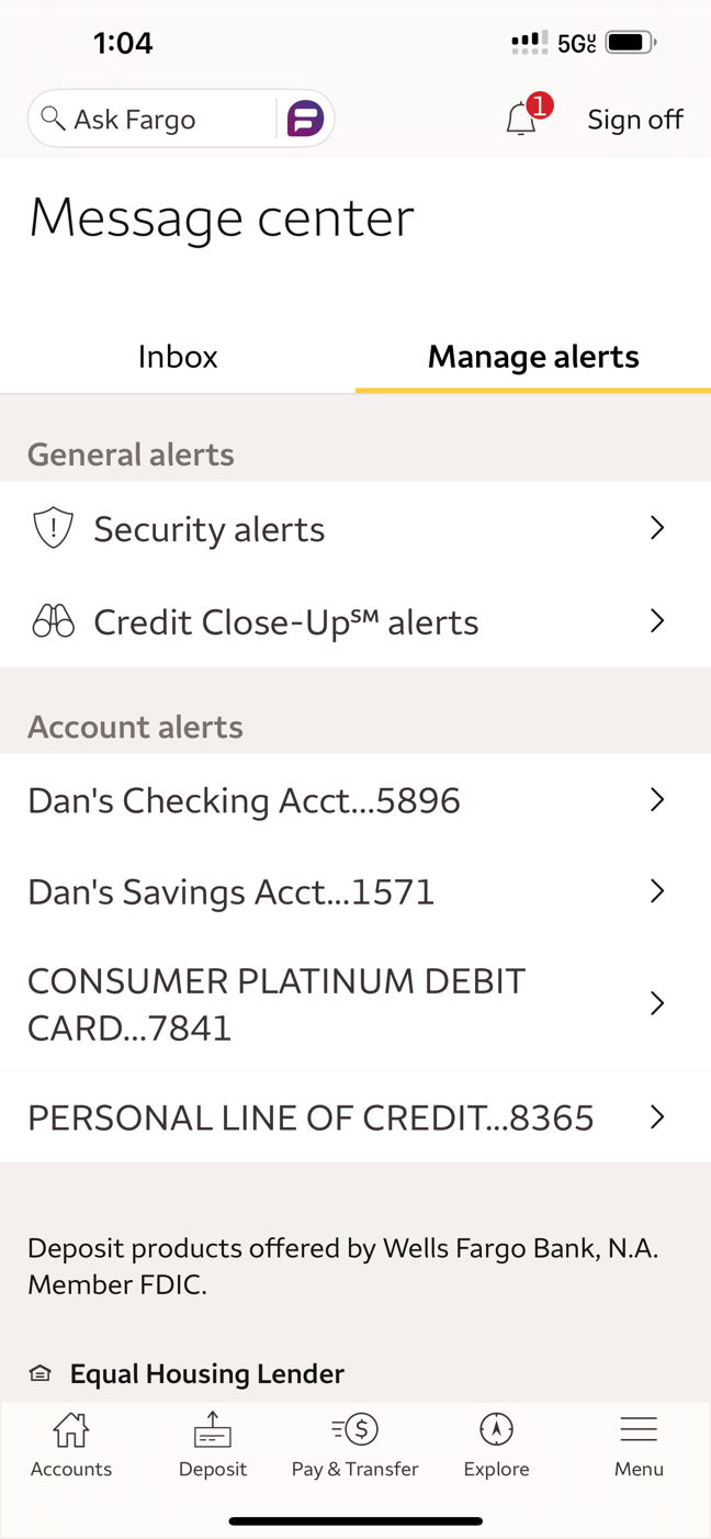 Manage alerts tab showing general alerts and account types in one list.